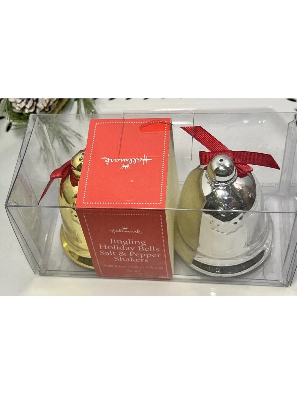 Hallmark Jingling Holiday Bells Salt & Pepper Shakers Gold Silver Jingle NIB